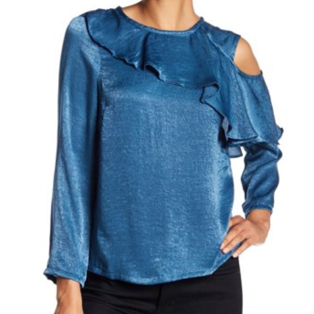 ❤️‍🔥 NWT SALE Satin Teal Blue Ruffle Cold Shoulder Top